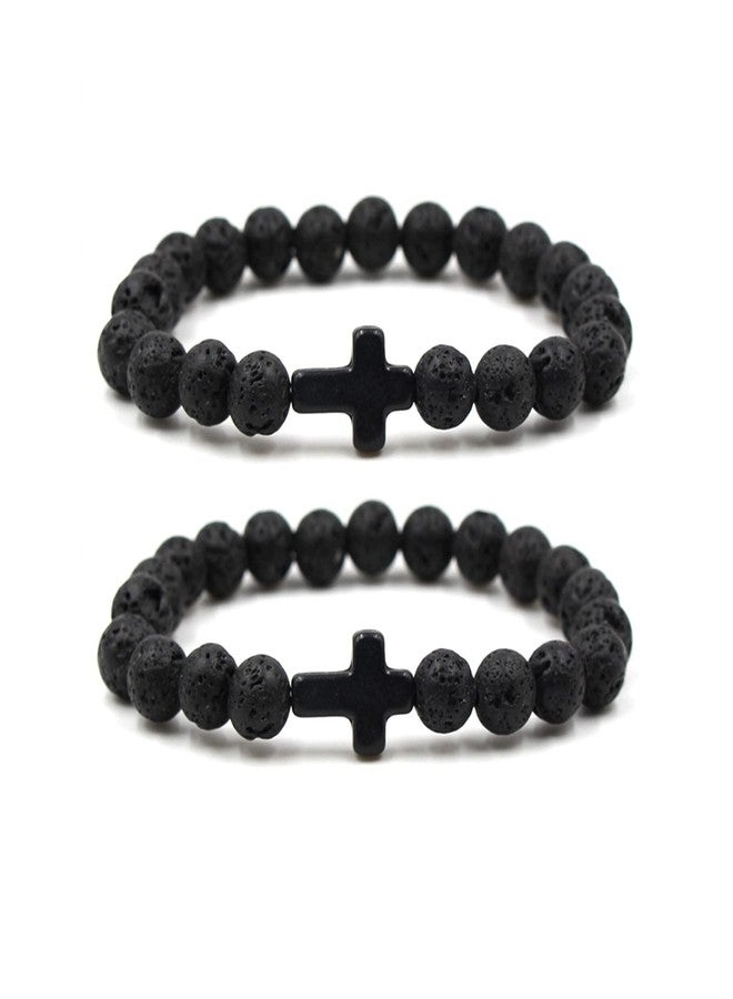 FORUBUS 2Pcs Lava Rock Stone Beaded Bracelet, Cross Charm Natural Volcanic Stone beads Turquoise Stretch Bracelet for Women Men Religion Jewelry Pray Baptism Gift-black - Image 1